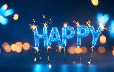 Canvas Print - a vibrant display of the word 'happy' illuminated by sparkling lights, evoking joy and celebration i