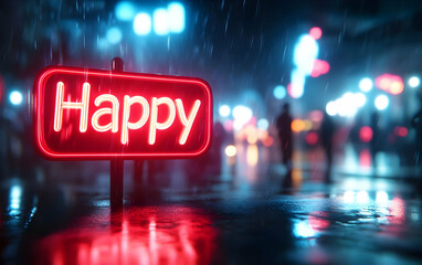 Wall Mural - A vibrant neon sign reading 'Happy' shines in the rain, creating a joyful mood amidst a rainy city night.