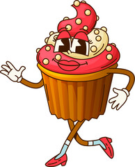 Poster - groovy cupcake muffin cartoon character with funny face, vector sweet dessert emoji. groovy cupcake 