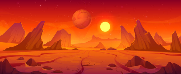 Poster - Mars red planet landscape, space and galaxy universe vector background, game UI. Cartoon martian desert landscape with red ground, mountains and rocks, Sun and Jupiter planet in sky, space background