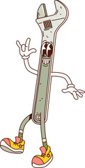 Poster - groovy spanner wrench work tool or diy character with funny face, vector cartoon comic. groovy adjus