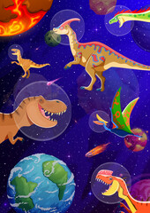 Poster - Cartoon dinosaur astronauts characters in outer space vector background. Funny prehistoric tyrannosaurus, velociraptor, monolophosaurus and raptor dinosaurs with astronaut helmets among space planets