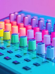Leinwandbilder - Vibrant Audio Engineering Nexus Next-Gen Sound Mixing Console with Risograph-Inspired Neon Color Palette - Creative Digital Production Technology