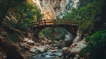 Poster - A wooden bridge spans a serene creek surrounded by rocky cliffs and lush greenery, creating a tranquil natural landscape