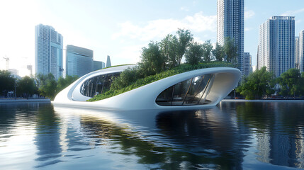 Fototapete - A futuristic architectural structure surrounded by water and greenery, set against a backdrop of modern skyscrapers