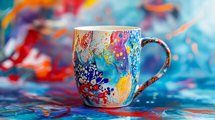 Poster - A vibrant, artistic mug sits against a colorful, abstract background, showcasing swirling patterns and splashes of paint