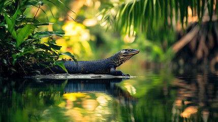 Poster - A lizard rests by a tranquil water source, surrounded by lush greenery and dappled sunlight, showcasing nature's serene beauty