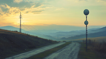 Aufkleber - A serene landscape featuring a dirt road, communication towers, and a sunset backdrop with rolling hills in the distance