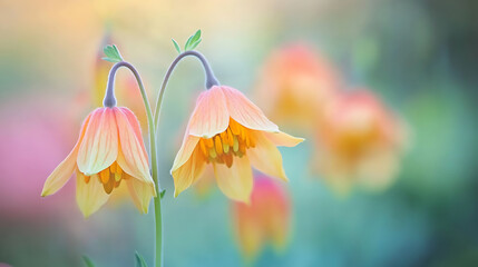 Poster - Two delicate, peach-hued flowers bloom gracefully, surrounded by a soft, blurred background of pastel colors, evoking a serene and enchanting atmosphere