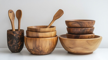 Poster - A collection of beautifully crafted wooden bowls and spoons, showcasing natural textures and warm tones, perfect for a rustic kitchen aesthetic