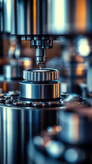 Poster - A machine is making a metal part. The machine is very large and has many parts. The parts are shiny and metallic