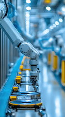 Poster - A robot is working on a conveyor belt with other robots. The robots are white and blue
