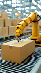 Poster - A robot is working on a box in a factory. The robot is yellow and has a box in front of it