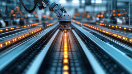 Poster - A robot is working on a conveyor belt with a yellow light. The robot is in a factory setting
