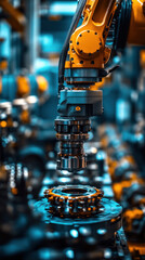 Poster - A robot is working on a machine part. The robot is yellow and is surrounded by other machines. Concept of industrialization and technological advancement