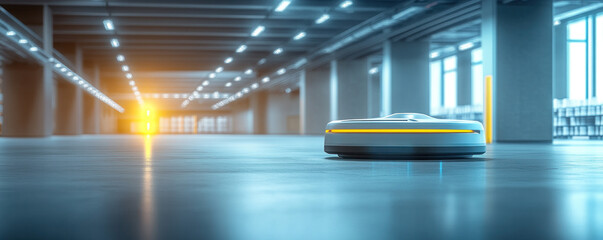 Poster - A robot is sitting in a large, empty room. The robot is white and yellow