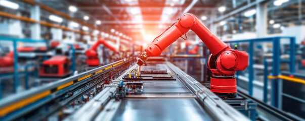Poster - A robot is working on a conveyor belt in a factory. The robot is red and is surrounded by other robots. The conveyor belt is filled with parts and the robots are working together to assemble them
