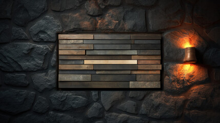 Poster - A dark stone wall with a wooden frame and a light shining on it. The frame is made of wood and has a black and white design