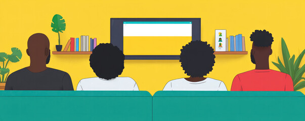 Poster - A group of people are sitting on a couch in front of a television. The television is on and the people are watching it. There are several books on a shelf behind the people