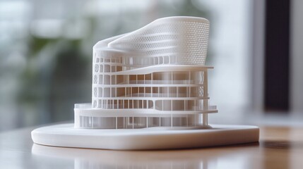 Poster - Architectural Model of a Modern Building Design on a Wooden Table