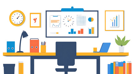 Poster - A vibrant, modern workspace featuring charts, a laptop, stationery, and a plant, designed for productivity and creativity