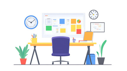 Aufkleber - A colorful, modern workspace featuring a desk, chair, plants, and a wall-mounted board with various notes and a clock