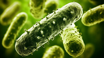 Poster - Microscopic view of bacteria, showcasing vibrant green colors and intricate cellular structures in a scientific context