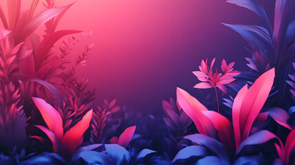 Poster - A vibrant, surreal landscape featuring lush, colorful plants against a gradient background of pink and purple tones
