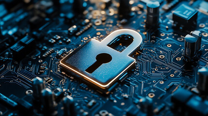 Poster - A close-up of a metallic padlock on a complex circuit board, symbolizing digital security and technology