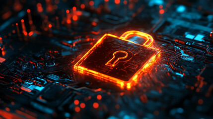 Poster - A glowing padlock symbol amidst a digital circuit backdrop, representing cybersecurity and data protection
