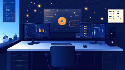 Poster - A modern workspace with dual monitors displaying data analytics, set against a dark, starry background, emphasizing technology and productivity