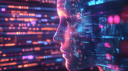 Aufkleber - A futuristic digital face composed of colorful data streams, representing the convergence of technology and human-like AI