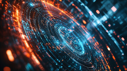 Poster - A vibrant digital swirl of blue and orange lights, representing data flow and technology in an abstract, futuristic design