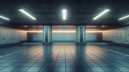 Poster - A large, empty subway station with a lot of light. Scene is somewhat eerie and lonely