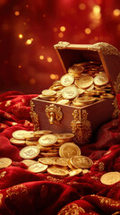 Poster - A gold chest full of gold coins sits on a red cloth. The gold coins are scattered all over the cloth, creating a sense of abundance and wealth. The scene evokes a feeling of luxury and opulence