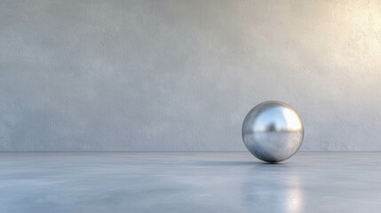 Poster - Silver Sphere on Smooth Concrete Floor with Minimalist Background and Soft Lighting