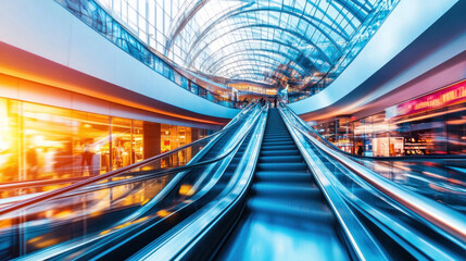 Poster - A busy shopping mall with escalators and people walking around. The escalators are blue and white