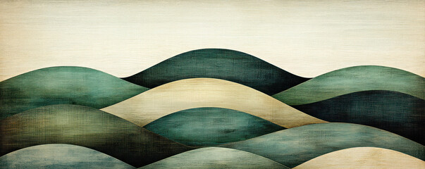 Poster - A painting of a mountain range with a blue and green color scheme. The hills are covered in trees and the sky is clear. The painting evokes a sense of peace and tranquility