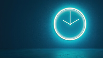 Poster - Neon Clock Display with Glowing Blue Light Against Dark Wall Background
