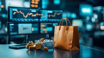 Poster - A bright and technologically advanced market trading room with multiple screens displaying fluctuating prices and data analytics  In the foreground