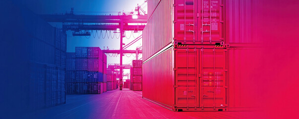Poster - A warehouse with red and blue colors. The warehouse is full of containers and crates. The warehouse is a place where goods are stored and transported