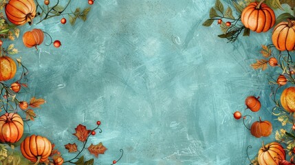 Poster - Autumn Harvest Background Featuring Pumpkins and Fall Foliage on Teal