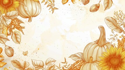 Poster - Autumn Harvest Illustration with Gold and Orange Leaves and Pumpkins on White Background