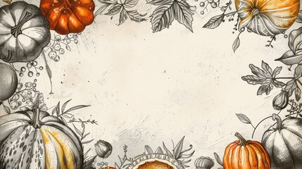 Poster - Autumn Harvest Pumpkins and Leaves Frame on Textured Background