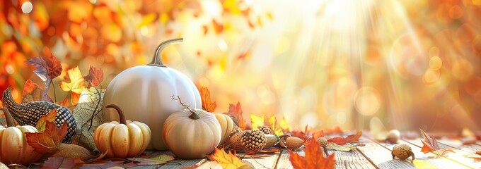 Poster - Autumn Harvest Scene with White and Orange Pumpkins Amidst Colorful Fall Leaves