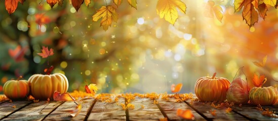 Aufkleber - Autumn Harvest Scene with Pumpkins and Falling Leaves on Rustic Wooden Table