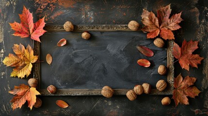 Poster - Autumn Leaves and Chestnuts Surrounding a Dark Chalkboard Frame