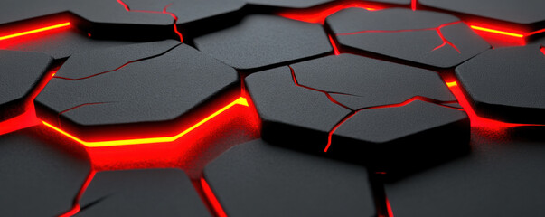 Poster - A close up of a black and red surface with a red glow. The surface is made up of many small squares, and the red glow is coming from the center of the image. Scene is intense and dramatic