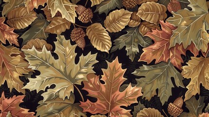 Aufkleber - Autumn Leaves and Pine Cones Seamless Pattern