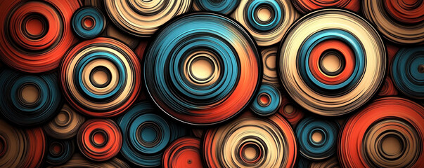 Poster - A colorful abstract painting of circles in various shades of blue, red, and yellow. The circles are arranged in a way that creates a sense of movement and energy